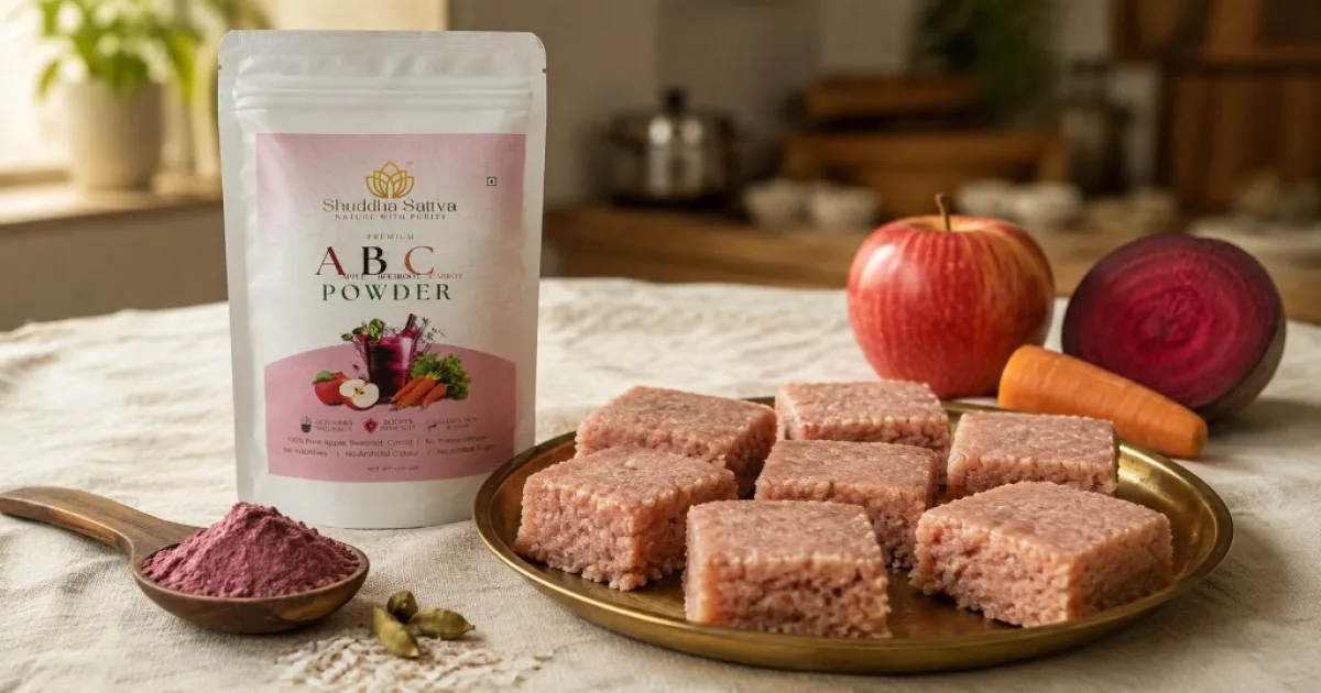 A brass thali of pink coconut burfi squares beside Shuddha Sattva ABC powder, a wooden spoon of magenta powder, apple, beetroot and carrot on cream linen.