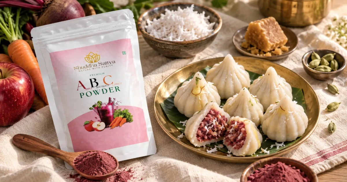 A plate of steamed ukadiche modak beside Shuddha Sattva ABC powder, a wooden spoon of pink-maroon powder, and fresh coconut on cream linen.
