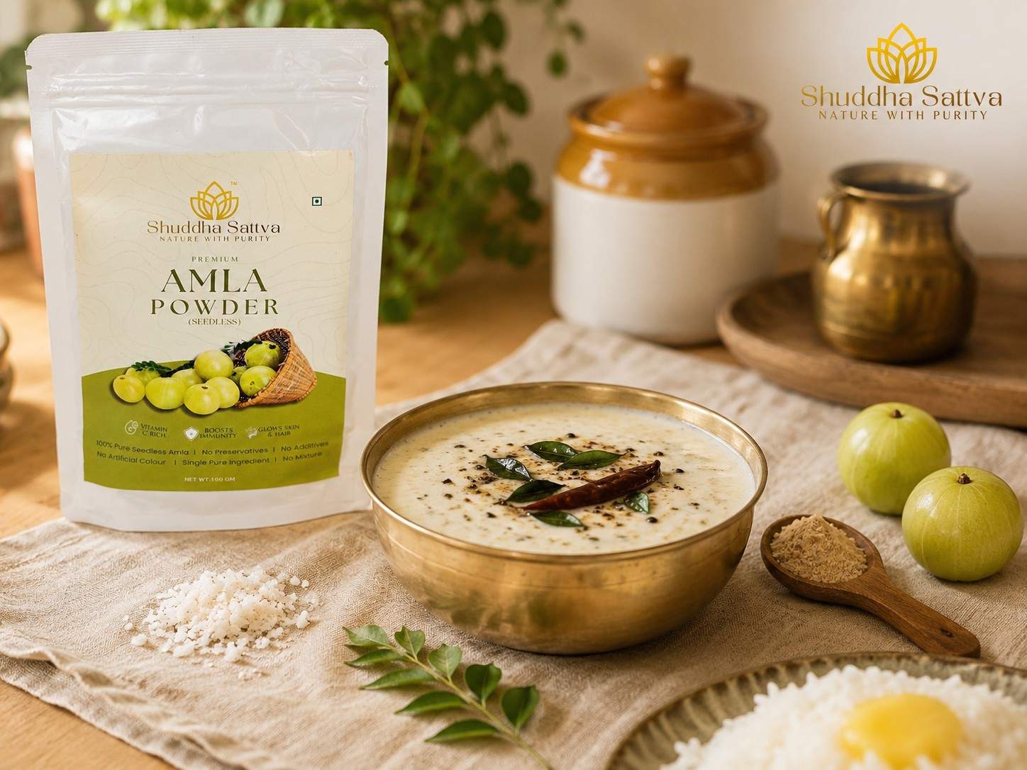A bowl of mild amla raita with curry-leaf tadka beside Shuddha Sattva seedless amla powder, fresh amla fruits, and rice on a cream linen cloth.