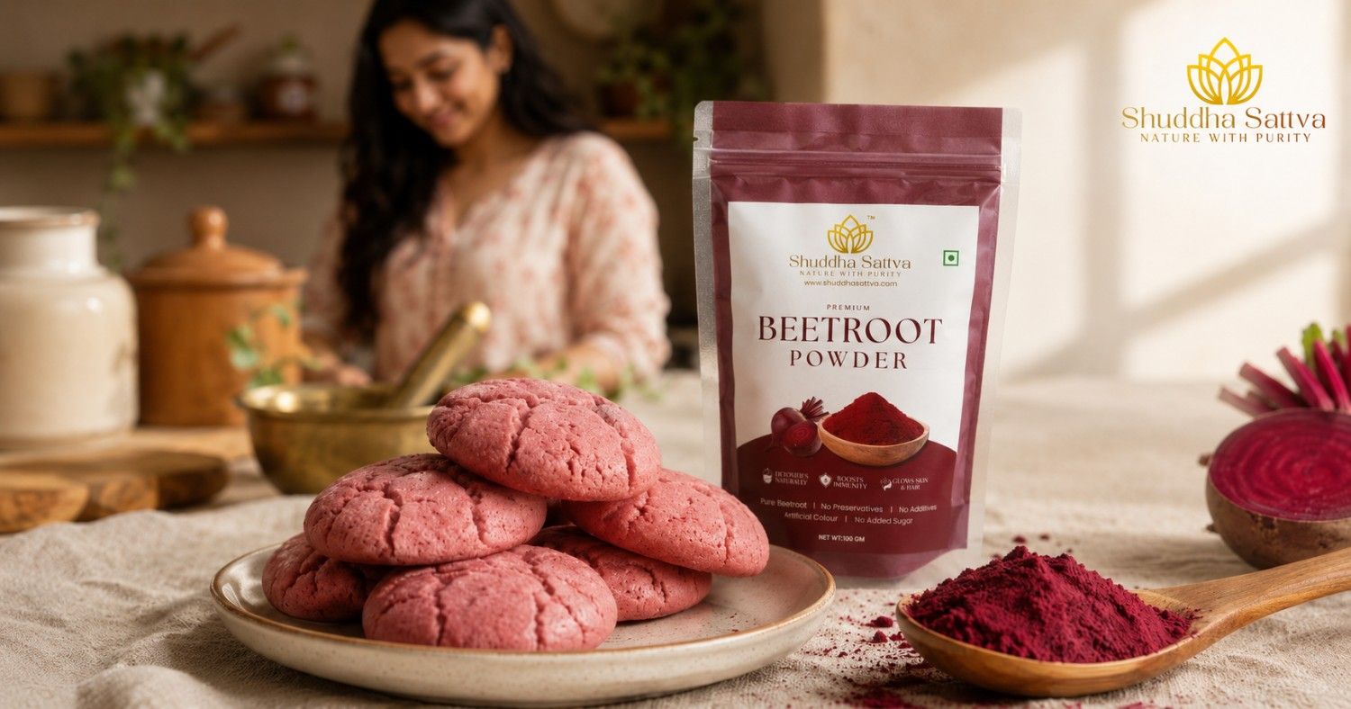 A plate of soft pink beetroot powder cookies beside a wooden spoon of magenta beetroot powder and a Shuddha Sattva beetroot powder pack on cream linen.