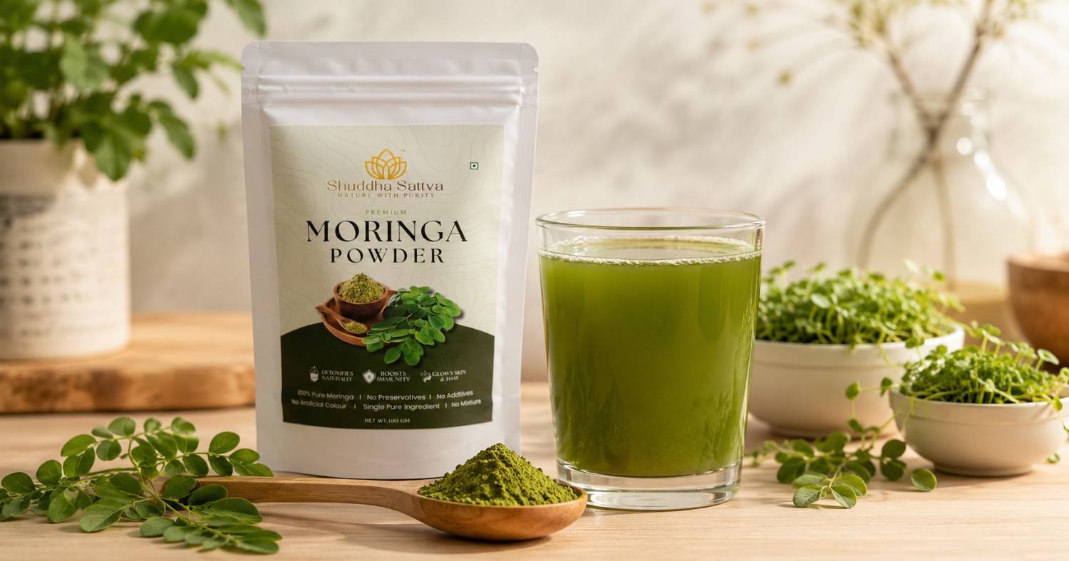 A wooden spoon of bright green moringa powder beside a tall glass of pale green moringa water with ice, fresh moringa leaves and microgreens on a cream linen cloth.
