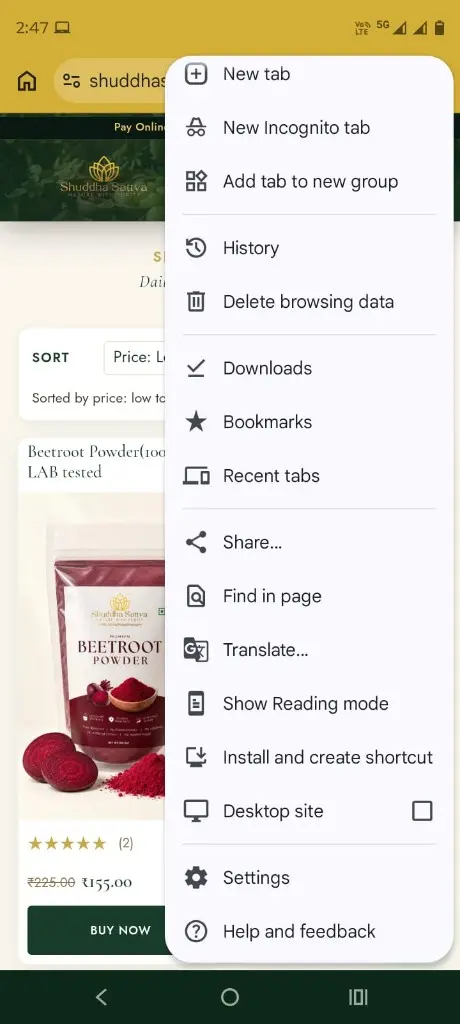 Chrome menu on Android over shuddhasattva.com, with Install and create shortcut highlighted in the list.