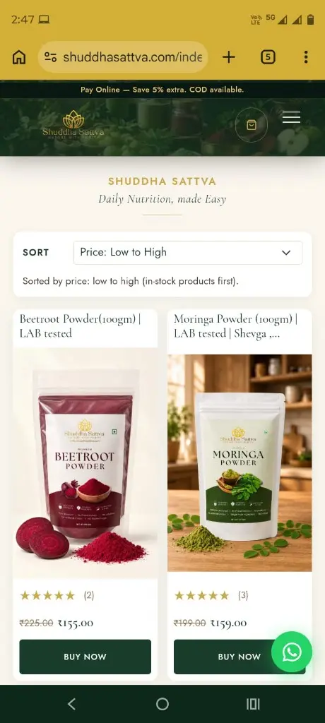 Chrome on Android showing shuddhasattva.com with the three-dot browser menu icon at the top right of the address bar.