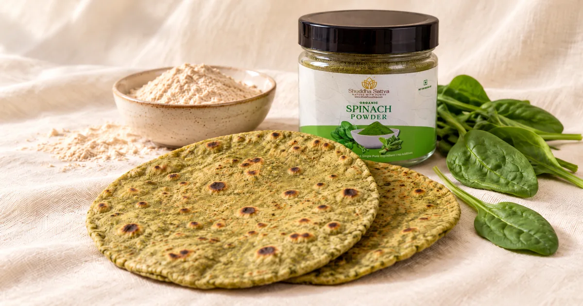 Two green palak rotis beside a jar of organic spinach powder, a bowl of whole-wheat flour, and fresh spinach leaves on a cream linen cloth.