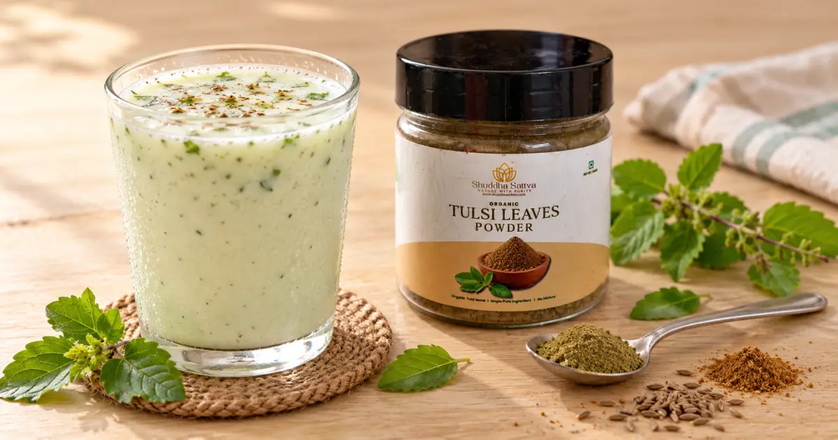 A glass of pale green tulsi jeera chaas next to a jar of Shuddha Sattva Organic Tulsi Powder, with green powder, cumin, and tulsi leaves on a wooden table.
