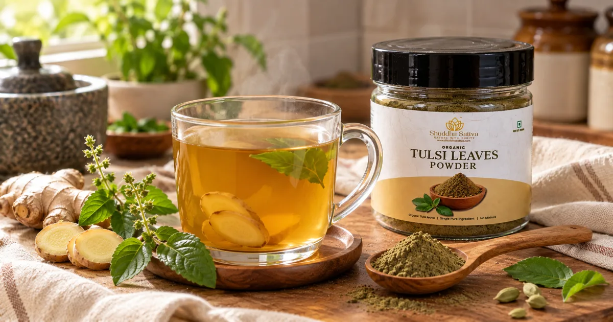 A steaming glass mug of golden tulsi-ginger kadha beside a Shuddha Sattva Organic Tulsi Leaves Powder jar, ginger slices, tulsi leaves and a wooden spoon of olive-green powder on a wooden table.