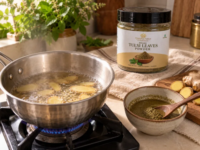 A steel pan of simmering ginger water on a gas flame beside a Shuddha Sattva Organic Tulsi Leaves Powder jar and a bowl of olive-green tulsi powder slurry