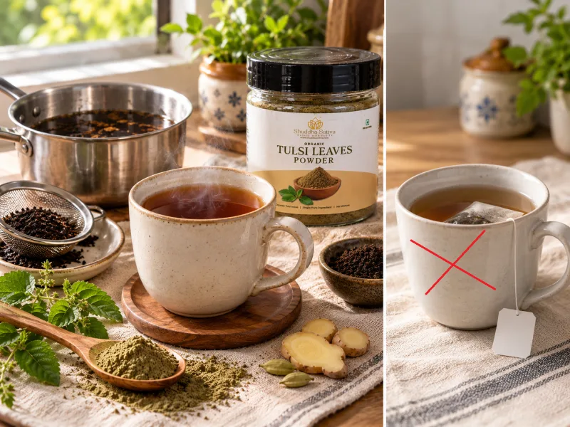 Left: loose-brewed tulsi black tea with a Shuddha Sattva Organic Tulsi Leaves Powder jar, strainer and CTC leaves. Right: a mug with a tea bag crossed out.