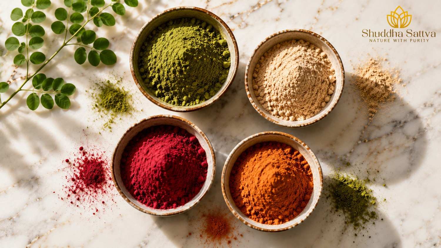 Shuddha Sattva moringa, amla, beetroot and ABC powder packs beside fresh ingredients on a cream linen cloth.