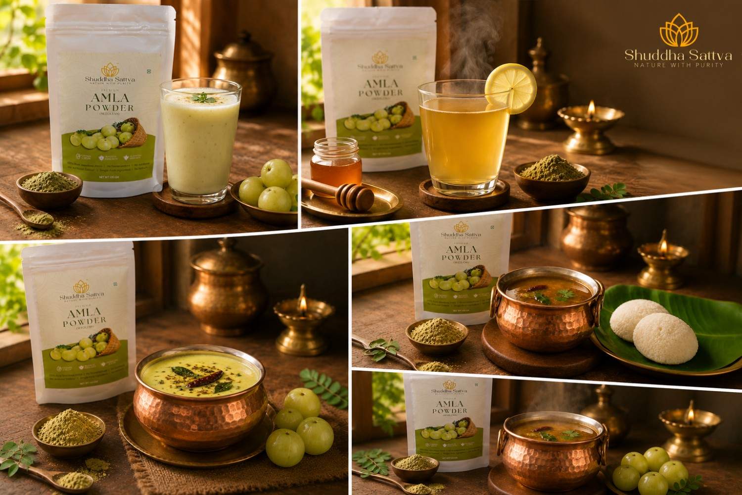 Amla powder with honey-lemon water, buttermilk chaas, and curd raita — simple Indian kitchen pairings