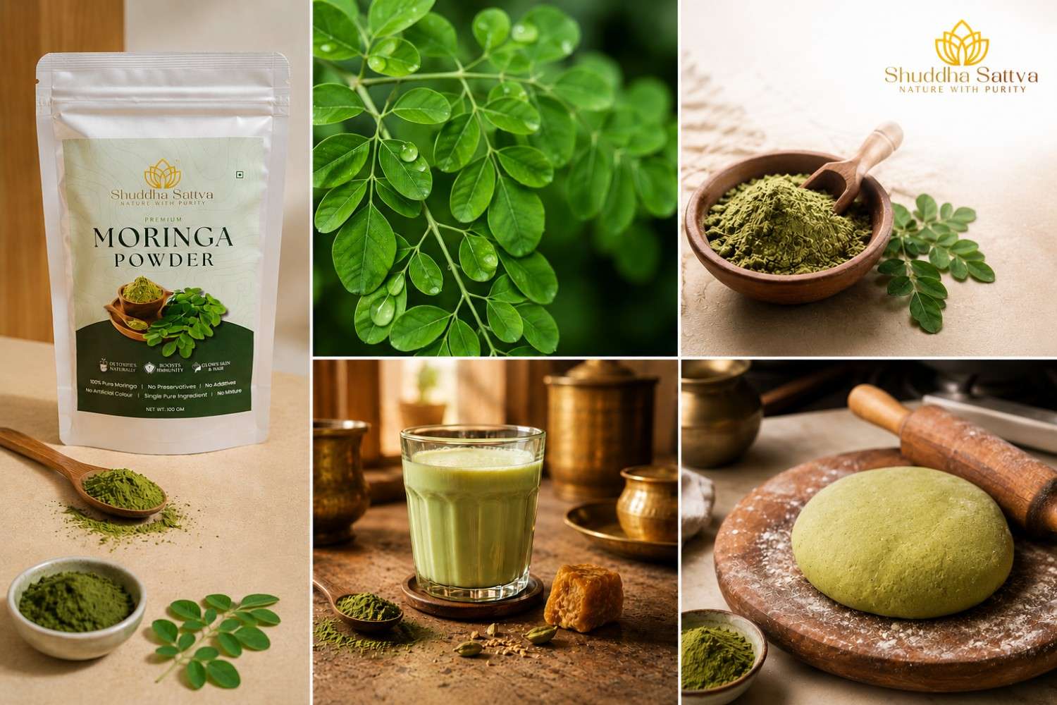 Moringa powder with warm milk and jaggery, green chapati dough, and curd — simple Indian kitchen pairings