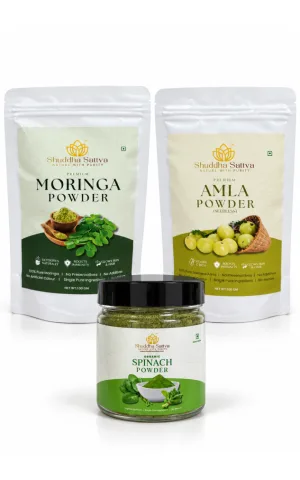 Moringa + Seedless Amla Pouches & Organic Spinach Jar (100 g Each)